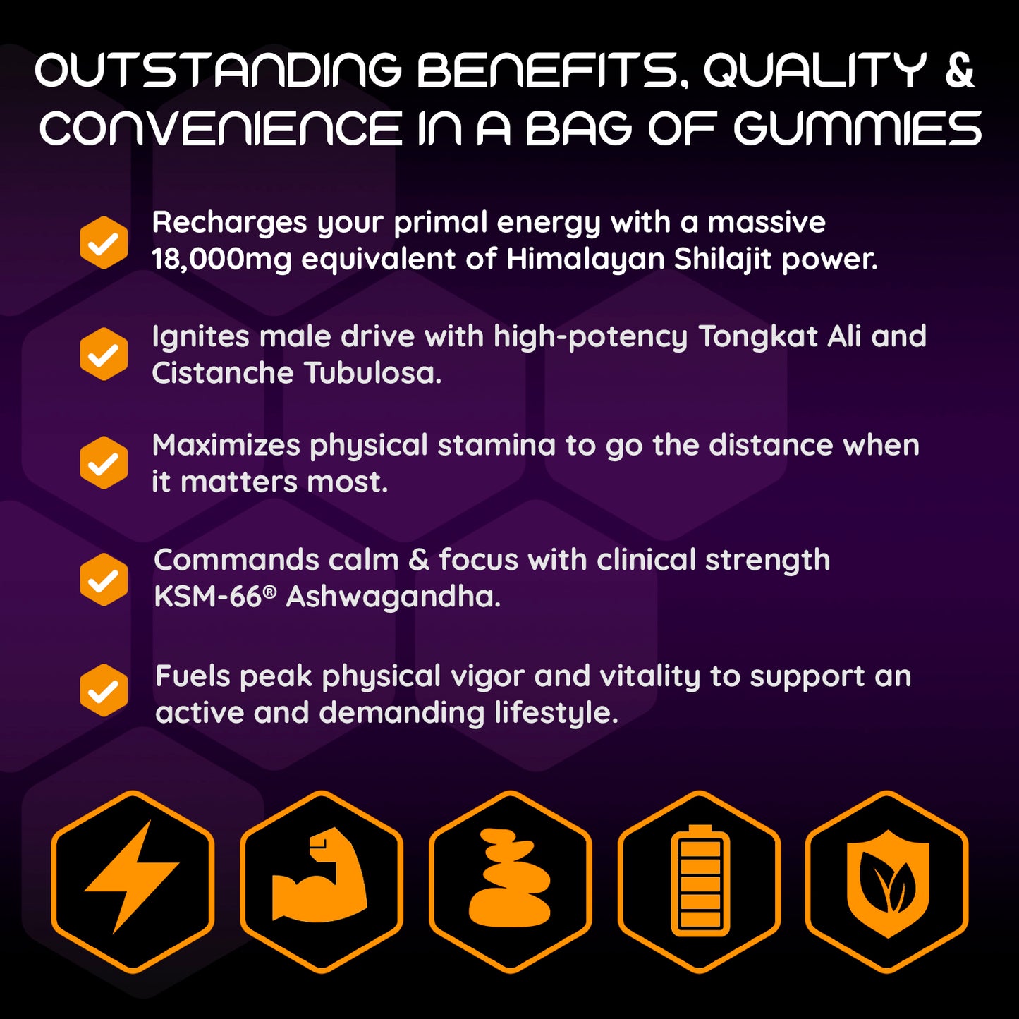 Detailed 8-in-1 vitality blend formula: 30:1 Himalayan Shilajit extract, KSM-66® Ashwagandha, Maca Root, and Panax Ginseng. Sugar-free gummies lab-tested by Eurofins for purity and safety.